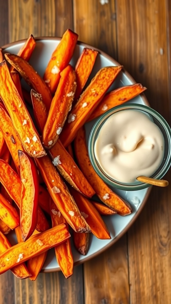 Crispy sweet potato fries on a rustic plate served with dipping sauce, showcasing their golden color and texture.
